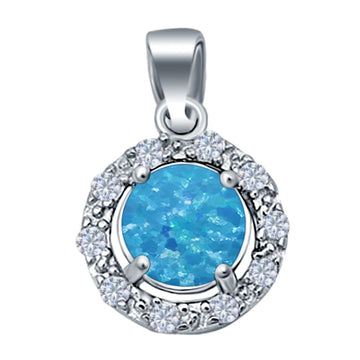 Simulated CZ Charm Pendant Lab Created Blue Opal Round 925 Sterling Silver (16mm)